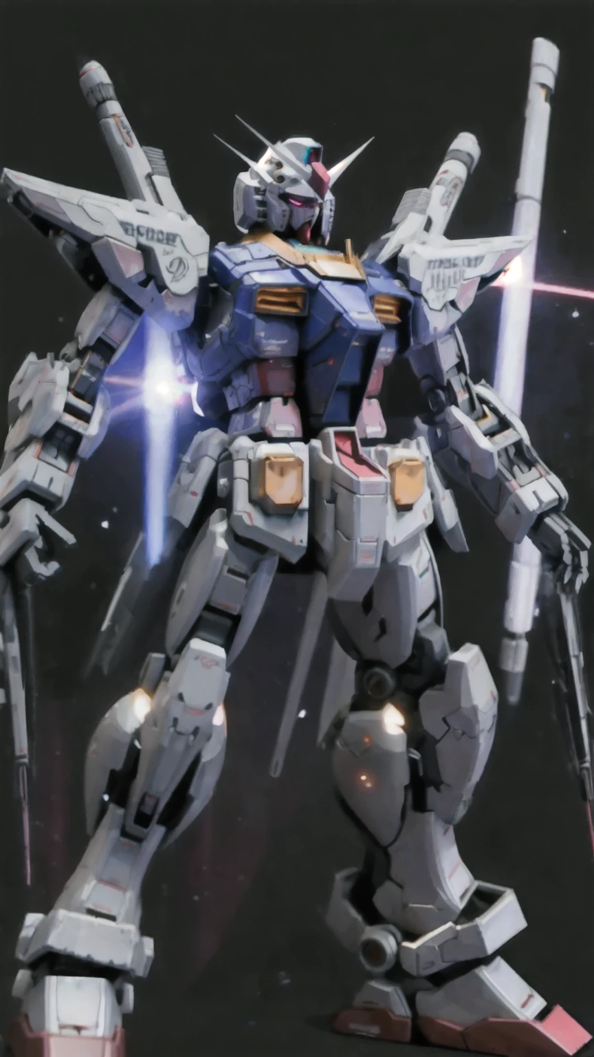 Real、high resolution、8K、The Strike Freedom Gundam stands in space emitting pink light particles.、Particles of light are emitted in all directions from the entire aircraft.、（Light effect background）、