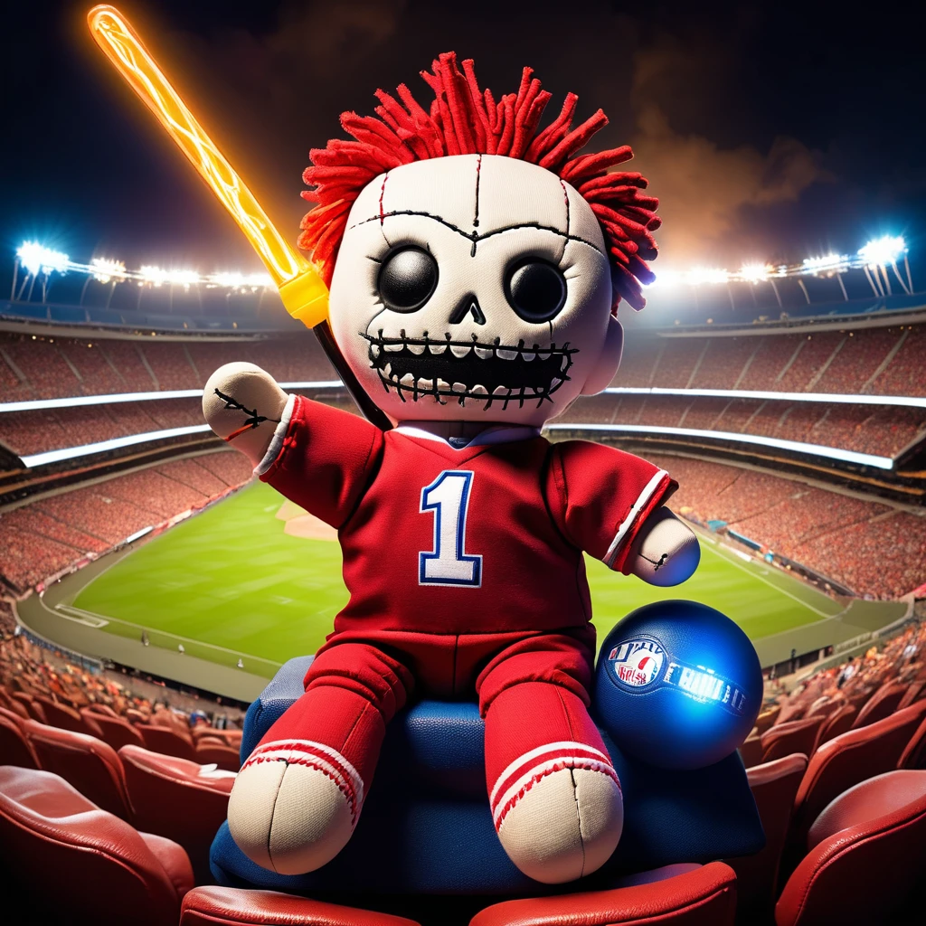 (knitted toy voodoo doll:1.7), (Voodoo at a Stadium:1.3), (Clothing: sports fan attire with glowing team logos:1.0), (Accessories: enchanted foam finger emitting sparks of excitement, levitating sports memorabilia:1.1), (background: mystical stadium with floating seats, glowing field, and spectral fans:1.2) best quality, masterpiece, detailed soft oil painting, detailed background, dramatic cinematic lighting, soft edge lighting, professional, dramatic lighting, hard edge lighting, ultra quality, 4k, masterpiece, best quality, 8k, ultra high definition, high resolution, extremely detailed
