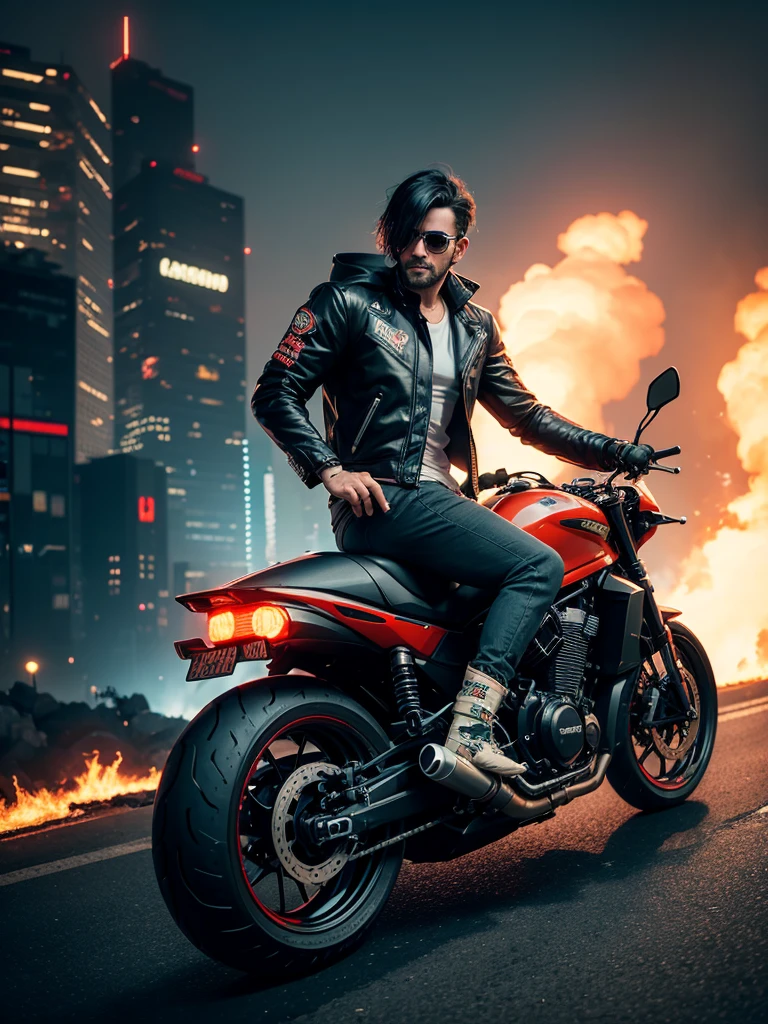 A man in his 30s wearing a cyberpunk island outfit. Riding a cool motorcycle Virtual images during the day surrounded by flames