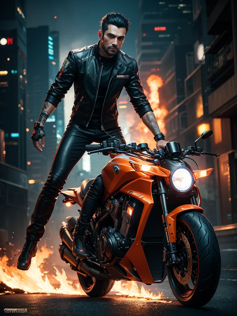A man in his 30s wearing a cyberpunk island outfit. Riding a cool motorcycle Virtual images during the day surrounded by flames