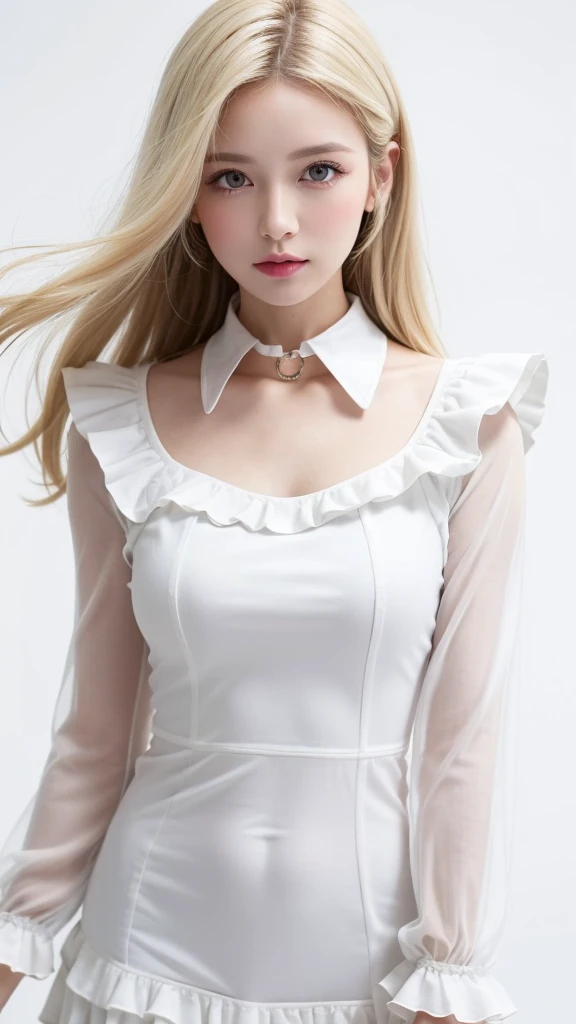 (((forehead、White Blonde Hair、Northern Europe、White people、beautiful girl、Blonde、White background、Blouse with collar and sleeves、Frills、race、long hair)))、table top, highest quality, figure, super detailed, finely, High resolution, 8k wallpaper, Perfect dynamic composition, detailed and beautiful eyes, Deco out,bionde, medium hair, super big breasts, Natural color lip,white background, random cute poses,frill dress