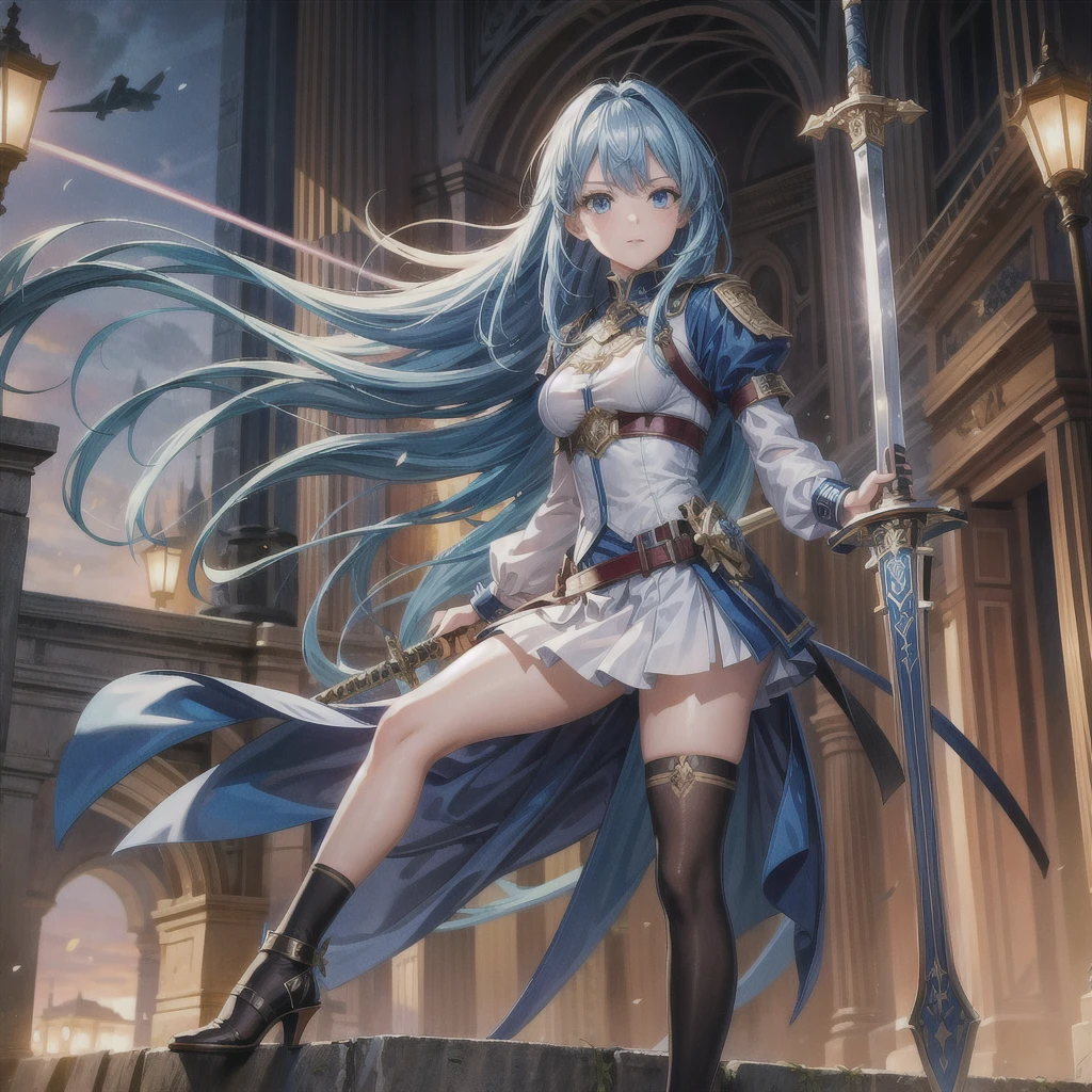 (masterpiece, Highest quality:1.2), One girl, alone, 18-year-old, Long sword, 1 sword, Holding a sword, Combat Ready,Long Hair, Blue Hair,Blue Eyes, High heels, Black knee-high socks, whole body,Ancient City, 