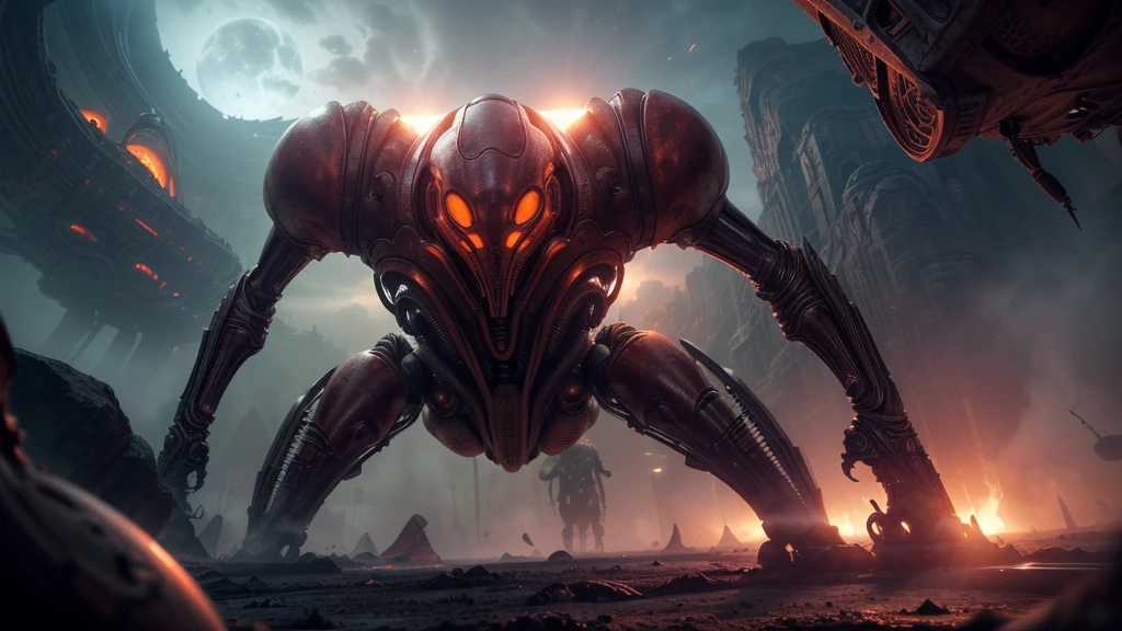 (((IN VORECIOUS FIGHT))), ((BENT STEEL, IMPOSSIBLE), (FORCED PESPECTIVE VIEW FROM BELOW OF Biomechanical ALIEN Creatures of Disgusting Alien Biology) biomechanical alien, unknown, extraterrestrial biology on unknown planet, HEAVY atmosphere with dust particles suspended in the air red - orange - violet WITH SULFUR