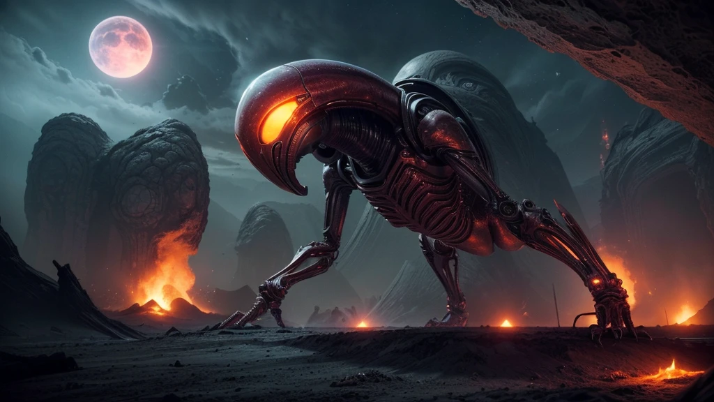 (((IN VORECIOUS FIGHT))), ((BENT STEEL, IMPOSSIBLE), (FORCED PESPECTIVE VIEW FROM BELOW OF Biomechanical ALIEN Creatures of Disgusting Alien Biology) biomechanical alien, unknown, extraterrestrial biology on unknown planet, HEAVY atmosphere with dust particles suspended in the air red - orange - violet WITH SULFUR