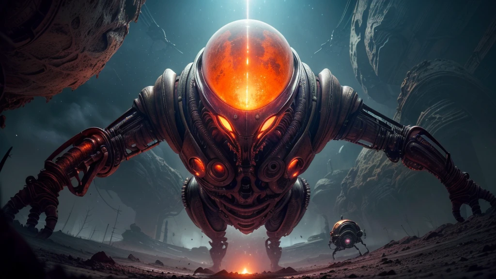 (((IN VORECIOUS FIGHT))), ((BENT STEEL, IMPOSSIBLE), (FORCED PESPECTIVE VIEW FROM BELOW OF Biomechanical ALIEN Creatures of Disgusting Alien Biology) biomechanical alien, unknown, extraterrestrial biology on unknown planet, HEAVY atmosphere with dust particles suspended in the air red - orange - violet WITH SULFUR