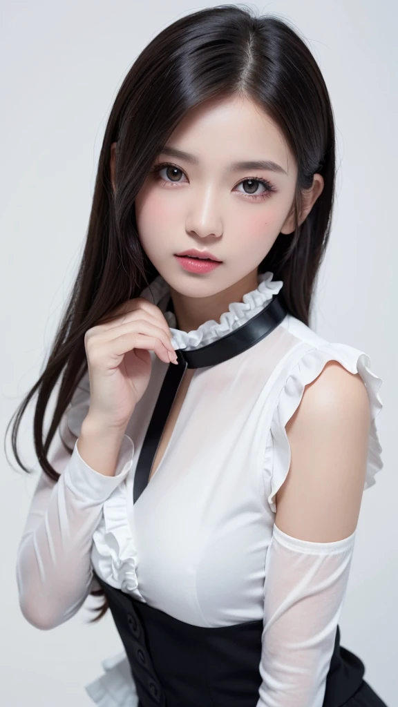 (((forehead、Northern Europe、White people、beautiful girl、Black Hair、White background、Blouse with collar and sleeves、Frills、race、long hair)))、table top, highest quality, figure, super detailed, finely, High resolution, 8k wallpaper, Perfect dynamic composition, detailed and beautiful eyes, Deco out,bionde, super big breasts, Natural color lip,white background, random cute poses,
