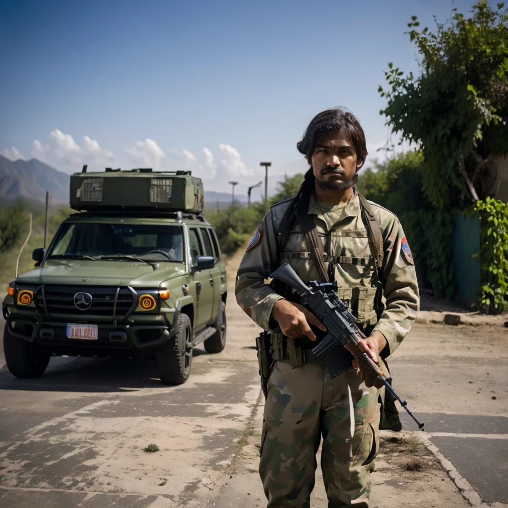 Soldier ,Su Ak -47 , guarding a border post on the Mexican side, high resolution