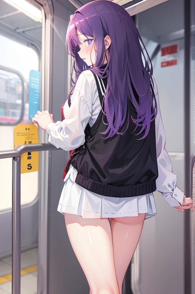 Take off your panties、、Blushing、Embarrassed expression、、Take off your panties、、Light purple hair、Semi-long hair、Pale purple eyes、、Blushing、lipstick、Perfect hands、Detailed hands、on the train、