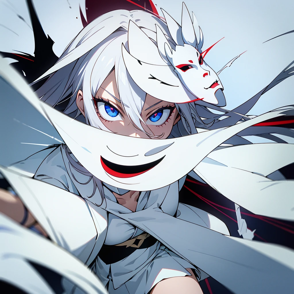 1 girl, dark white hair, villain, smile, psychopath, psychopath smirk, straight hair, (((noble cloth))), short skirt, white cloth, white poker mask, white tuxedo, masked, with mask on face