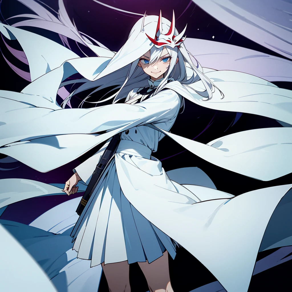 1 girl, dark white hair, villain, smile, psychopath, psychopath smirk, straight hair, (((noble cloth))), short skirt, white cloth, white poker mask, white tuxedo, masked, with mask on face
