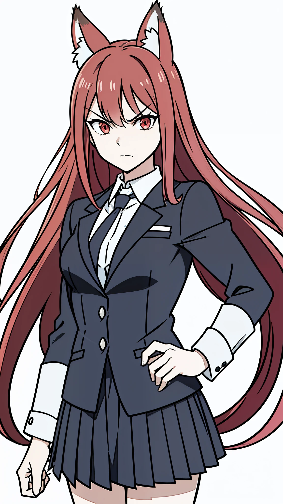 1girl ,solo,20s,mature female,angry face,red hair,long hair,fox ears,(white background, line drawing),shirt,black standard tie,blue blazer, blazer,long sleeves, black pleated skirt,(upper body)