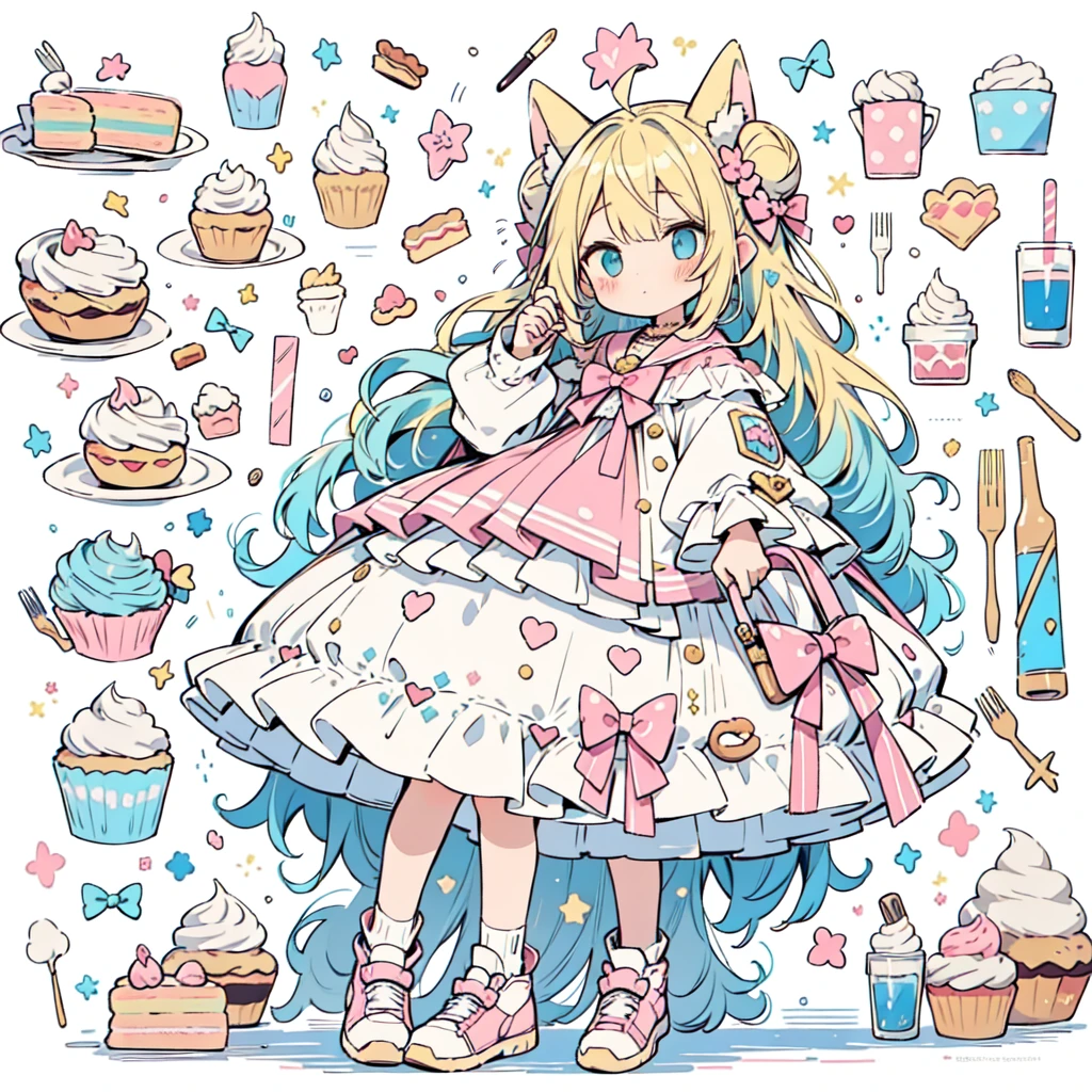 1girl, pastel muted colors, (color palette is yellow:1.2, blue:1.2, pink:1.2), (blonde with blue hair buns), sitted in a throne made out of sweets and pastries, for example donuts, sprinkles, candy, lollipops, candycane, cake, cupcakes, cakepops, frills and lace, polka dot patterns, long bat ears, At the top it says "SCIB",