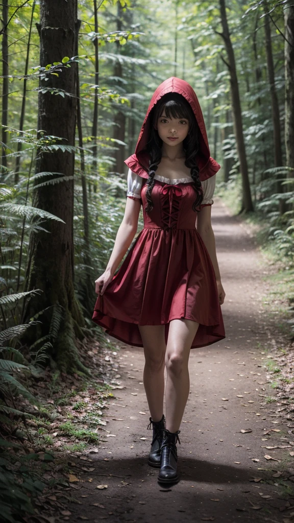 Little Red Riding Hood with his sexy dress walking through the forest and the wolf spying on him behind a tree