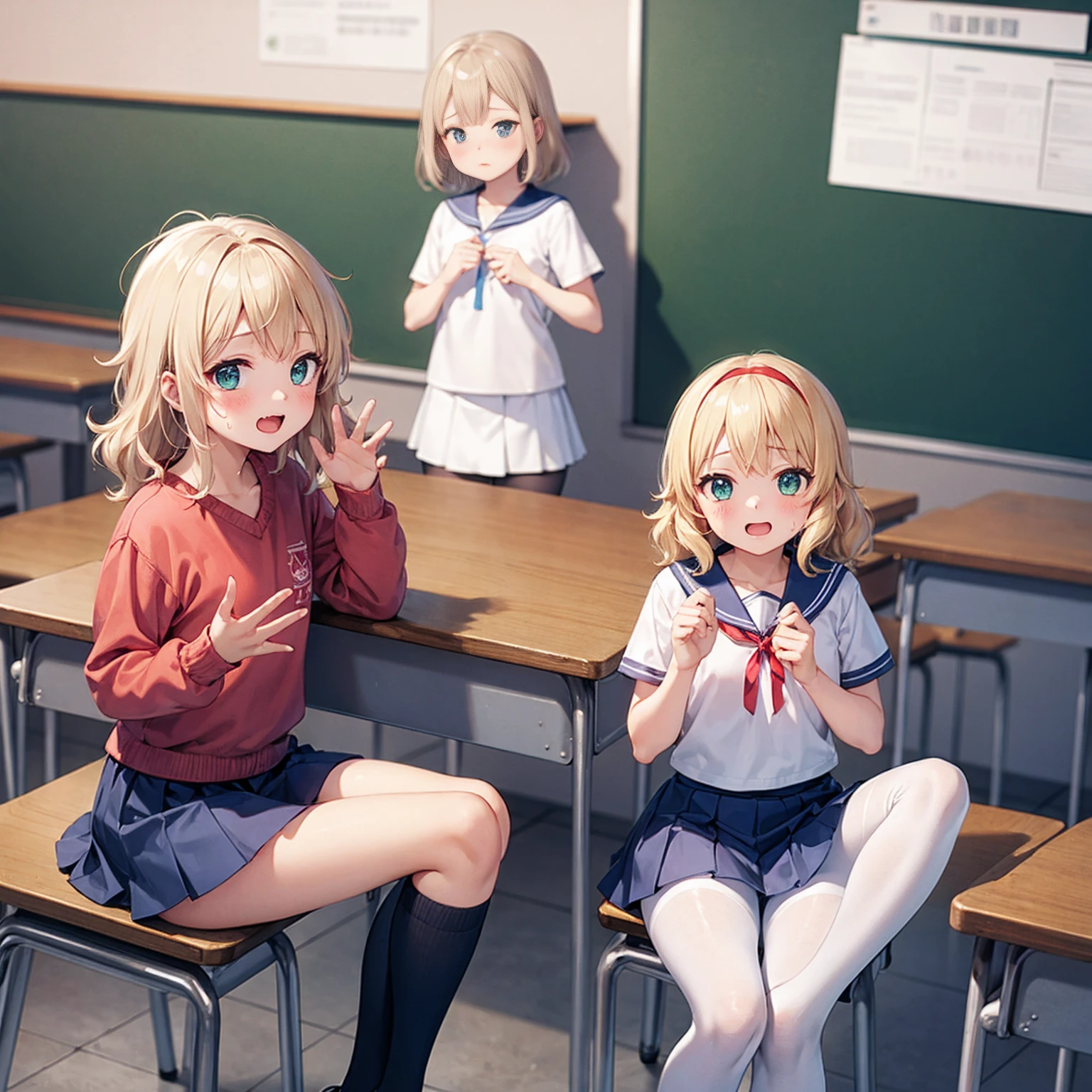 Highest quality,Highest quality,One Girl,One boy,((((10 years old)))),Flat Chest,orgasm,blush, Sweat, Sakurai Momoka,blonde,White Sarah Outfit,Navy Blue Skirt, It is not a pleated skirt,whole body,classroom, White Pantyhose、Navy Blue Skirtをめくる、Spread your legs