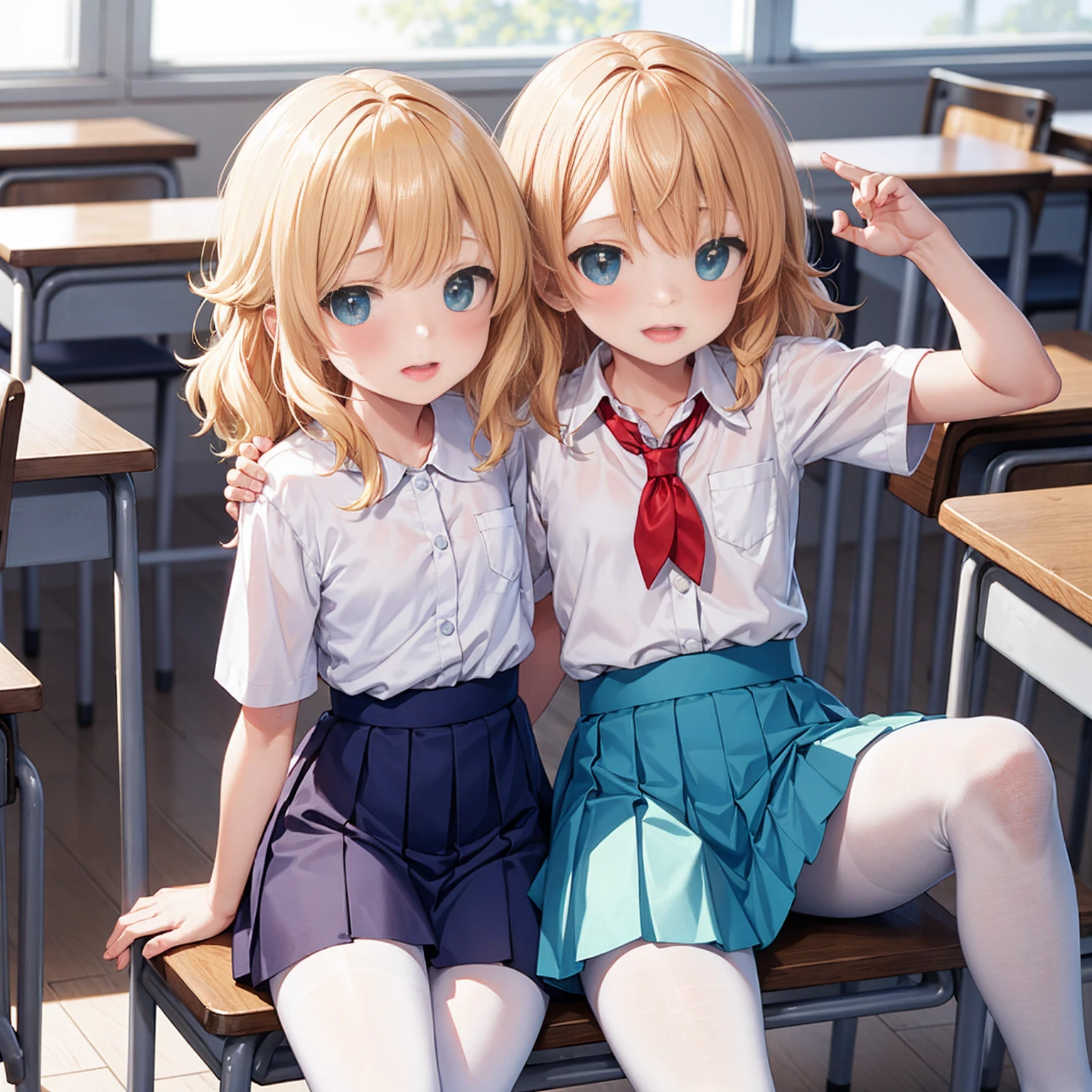 Highest quality,Highest quality,One Girl,One boy,((((10 years old)))),Flat Chest,orgasm,blush, Sweat, Sakurai Momoka,blonde,White Sarah Outfit,Navy Blue Skirt, It is not a pleated skirt,whole body,classroom, White Pantyhose、Navy Blue Skirtをめくる、Spread your legs