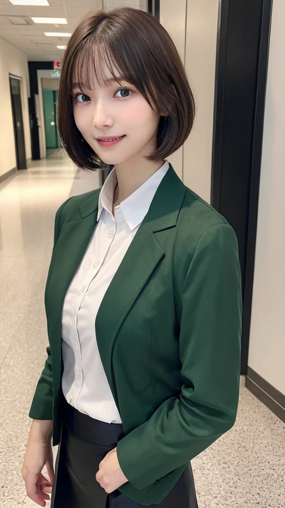 (masterpiece:1.2, top-quality), (realistic, photorealistic:1.4), beautiful illustration, (natural side lighting, movie lighting), 
looking at viewer, (face focus, upper body), 1 girl, japanese, 15 years old, perfect face, perfect body, cute and symmetrical face, shiny skin, babyface, 
(short hair, bob cut, long sideburns, light brown hair), hair between eyes, emerald green eyes, (middle breasts), slender, 
beautiful hair, beautiful face, beautiful detailed eyes, beautiful clavicle, beautiful body, beautiful chest, beautiful thigh, beautiful legs, beautiful fingers, 
((black business jacket, close clothes, white collared shirt, black tight skirt)), 
(beautiful scenery), evening, (office hallway), standing, (lovely smile, upper eyes),