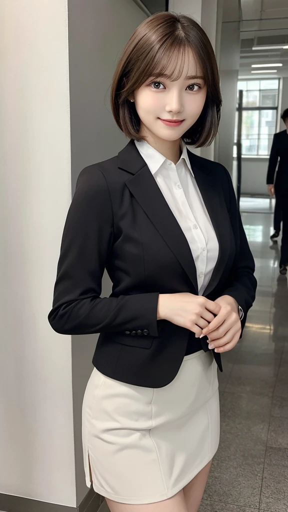 (masterpiece:1.2, top-quality), (realistic, photorealistic:1.4), beautiful illustration, (natural side lighting, movie lighting),
looking at viewer, (face focus, upper body), 1 girl, japanese, 15 years old, perfect face, perfect body, cute and symmetrical face, shiny skin, babyface,
(short hair, bob cut, long sideburns, light brown hair), hair between eyes, emerald green eyes, (middle breasts), slender,
beautiful hair, beautiful face, beautiful detailed eyes, beautiful clavicle, beautiful body, beautiful chest, beautiful thigh, beautiful legs, beautiful fingers,
((black business jacket, close clothes, white collared shirt, black tight skirt)),
(beautiful scenery), evening, (office hallway), standing, (lovely smile, upper eyes),