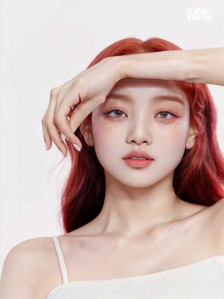 a closeup of a woman with red hair and a white top, inspired by Yanjun Cheng, portrait of jossi de blackpink, jinyoung shin, blackpink jisoo portrait, dilraba dilmurat, Yanjun Chengt, jossi de blackpink, kim taejin, pale red, parque me, jaeyeon nam, Popular Korean makeup