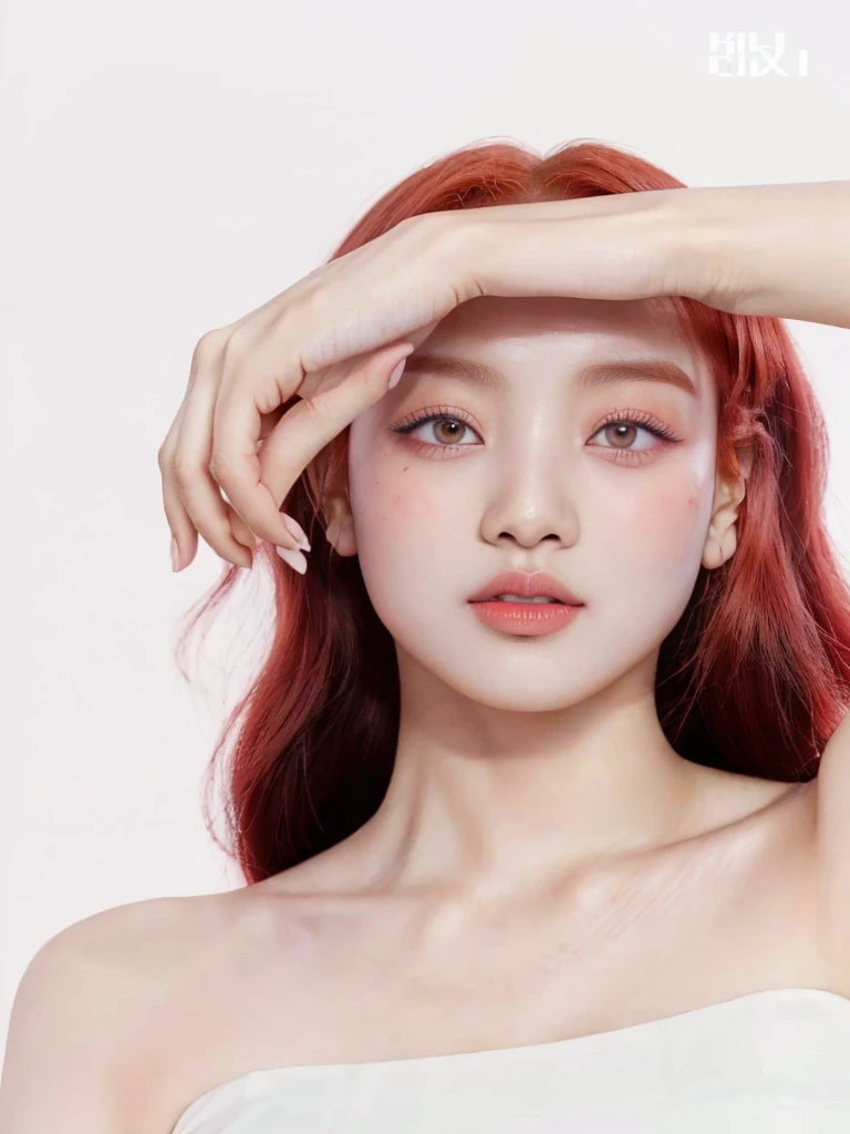 a closeup of a woman with red hair and a white top, inspired by Yanjun Cheng, portrait of jossi de blackpink, jinyoung shin, blackpink jisoo portrait, dilraba dilmurat, Yanjun Chengt, jossi de blackpink, kim taejin, pale red, parque me, jaeyeon nam, Popular Korean makeup