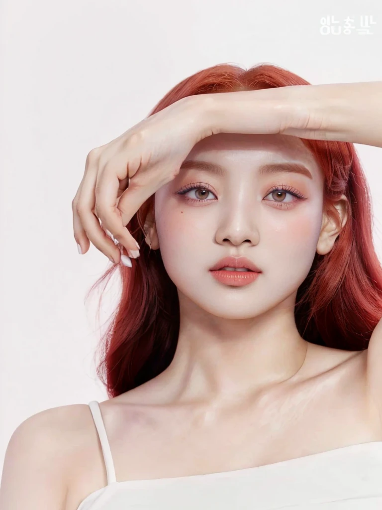 a closeup of a woman with red hair and a white top, inspired by Yanjun Cheng, portrait of jossi de blackpink, jinyoung shin, blackpink jisoo portrait, dilraba dilmurat, Yanjun Chengt, jossi de blackpink, kim taejin, pale red, parque me, jaeyeon nam, Popular Korean makeup