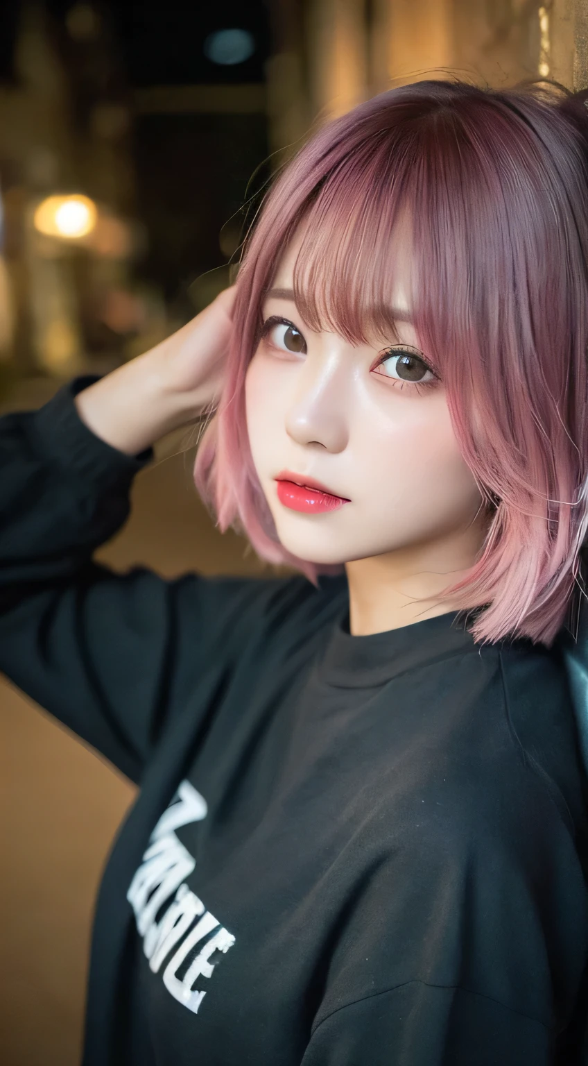 Tabletop, Highest quality, figure, Super detailed, In detail, High resolution, 8K,wallpaper, Perfect dynamic composition, Beautiful attention to detail, Black sweatshirt,Short Bob Hair、Pink Hair Color,Big Natural Color Lip, Bold sexy pose,is crying、Cold Stare,Harajuku、20-year-old girl、cute、、In a dark room、close your eyes、Pushed down