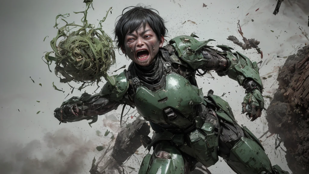 Rough skin, Very detailed, Advanced Details, high quality, 最high quality, High resolution, 1080P 、Bleeding from the wound、Sexy Eyes、Wearing green and black、cute((The whole body is sweating))(Equipped with a damaged battle suit....)(Dark green armor)(Broken Armor)Black Hair、Chiquita、short hair、Open your mouth、Painful expression、It hurts again、Healthy Skin、40-year-old woman　　(Steam coming out of the face) ((Steam from the body)) 　Unable to fight　Severe attacks　　Fall to the ground　　Full-body portrait with no exposed skin