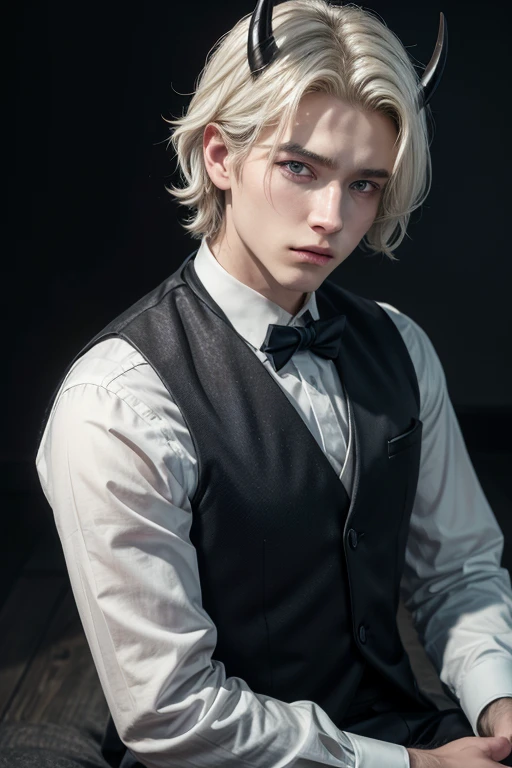 a boy of medium build, androgen. Has white wavy hair, with two small black horns, Your skin is white. His clothes are a white dress shirt and a dark blue woolen vest., your eyes are yellow and black