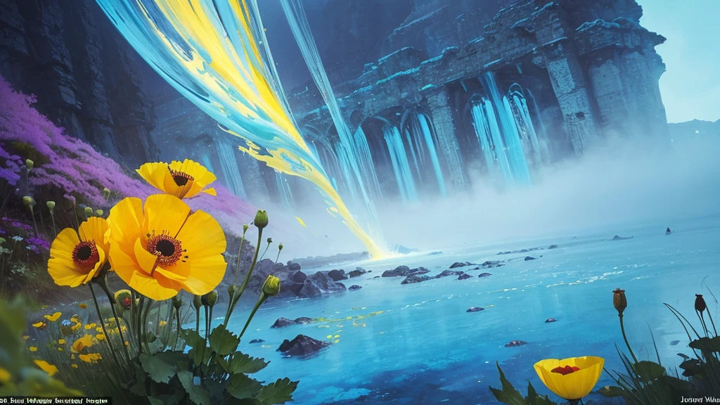 32k, Masterpiece, Highest quality, One girl, Detailed eyes, flower,Iceland Poppy, Blue and yellow style,A dreamy, romantic piece,Pale yellow, Mysterious Leaves,A playful arrangement,Fantasy,High Contrast,Ink strokes,explosion,Exposure, Impression of blue and yellow tones,Abstract,((Watercolours by John Berkey and Jeremy Mann )) Brush strokes,Negative Space, Tyndall effect,