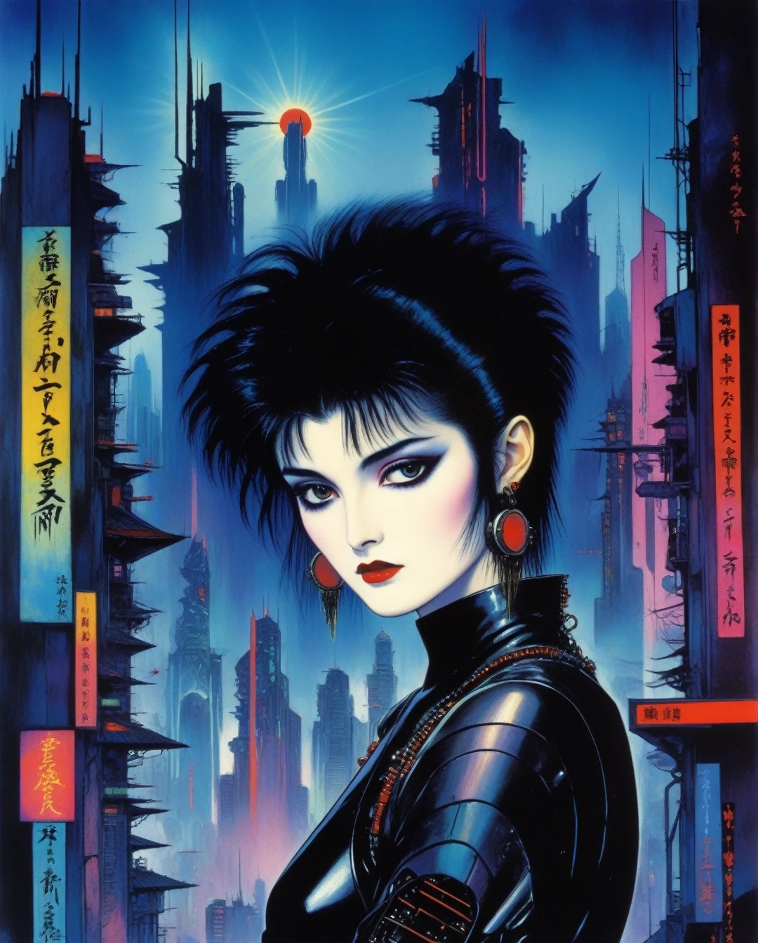 amano yoshitaka, 80s, 1girl, goth, siouxsie, michelle pffifer, cyberpunk, futuristic city background, 80s movie poster art style,