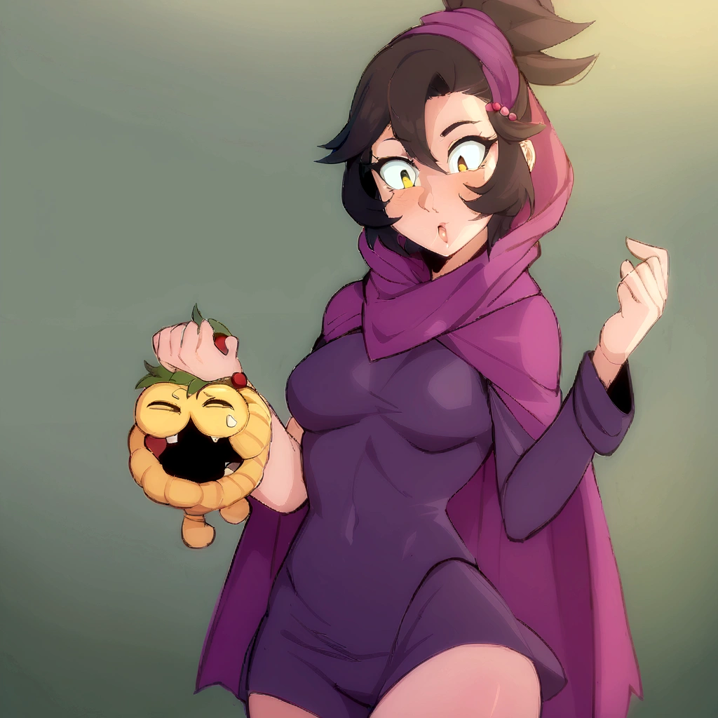 anime girl in a purple cape holding a yellow object, female protagonist 👀 :8, high quality fanart, muffet from undertale, detailed fanart, commission for high resolution, official fanart, Samira de League of Legends, annie from league of legends, must tear from the overlord, pokemon anime style, oc commission, background art, anime moe art style