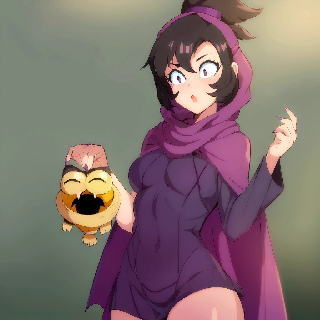 anime girl in a purple cape holding a yellow object, female protagonist 👀 :8, high quality fanart, muffet from undertale, detailed fanart, commission for high resolution, official fanart, Samira de League of Legends, annie from league of legends, must tear from the overlord, pokemon anime style, oc commission, background art, anime moe art style