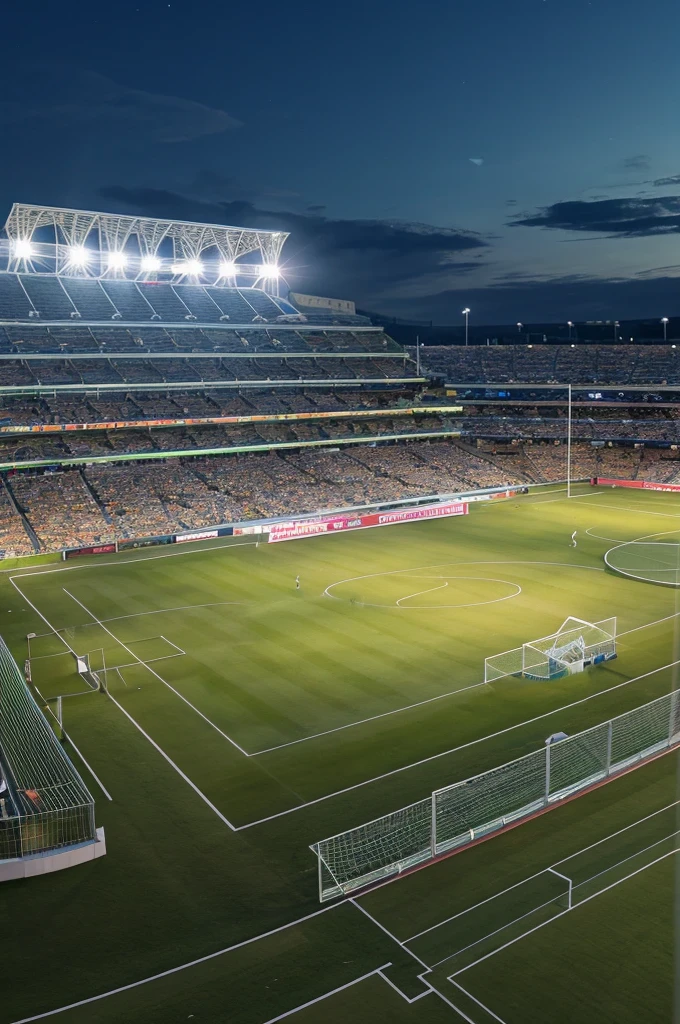 a lush green soccer field, a massive stadium with towering stands, floodlights illuminating the field, nobody in picture, dynamic sports action, cinematic angle, ultra detailed, 8k, realistic, photorealistic, dramatic lighting, vibrant colors