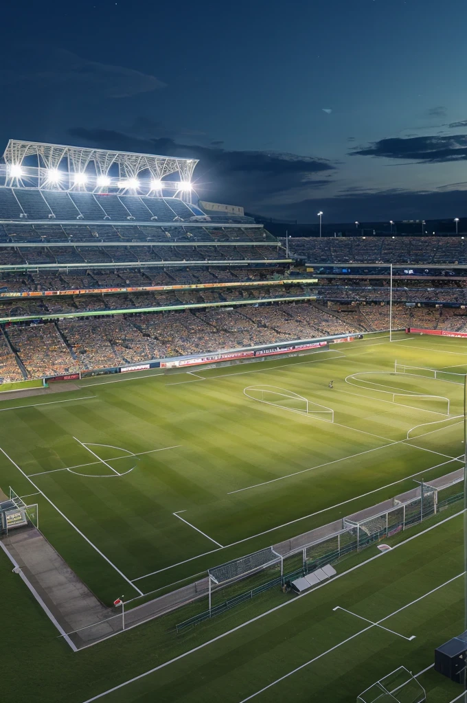 a lush green soccer field, a massive stadium with towering stands, floodlights illuminating the field, nobody in picture, dynamic sports action, cinematic angle, ultra detailed, 8k, realistic, photorealistic, dramatic lighting, vibrant colors