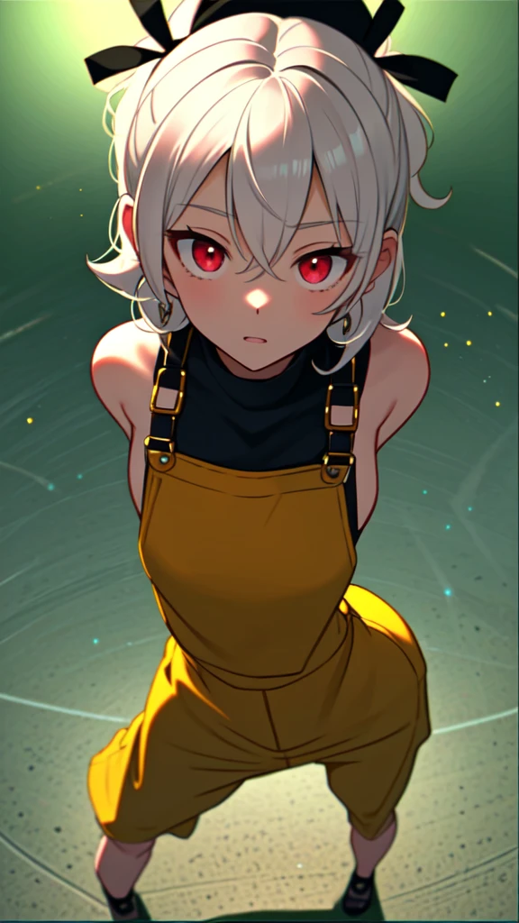 masterpiece, best quality,1girl, ((young girl)), ((large round magical red eyes)), shiny skin, (thin waist), (white hair), ((curvy)), ((wide hips)), ((hoop earrings)), ((small)) , (((yellow overalls))), hot, soft natural lighting, reflections, bright illuminations, deep dark black skin, ((yellow outfit)), upper body