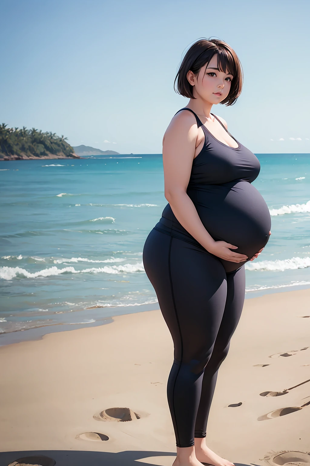 Highest quality, solo, Obese mature woman, overweight, really fat, large breastS, pregnant belly, beautiful Chubby face, bob hair cut, tank top, leggings, form fitting clothes, standing, beach,