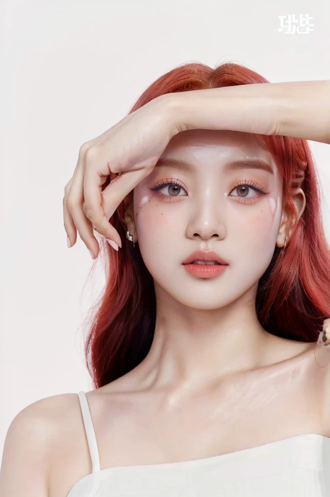 a closeup of a woman with red hair and a white top, inspired by Yanjun Cheng, portrait of jossi de blackpink, jinyoung shin, blackpink jisoo portrait, dilraba dilmurat, Yanjun Chengt, jossi de blackpink, kim taejin, pale red, parque me, jaeyeon nam, Popular Korean makeup