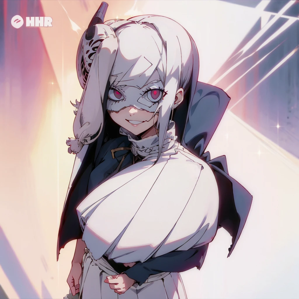 1 girl, dark white hair, villain, smile, psychopath, psychopath smirk, straight hair, (((noble cloth))), short skirt, white cloth, white poker mask, white tuxedo, masked, with mask on face