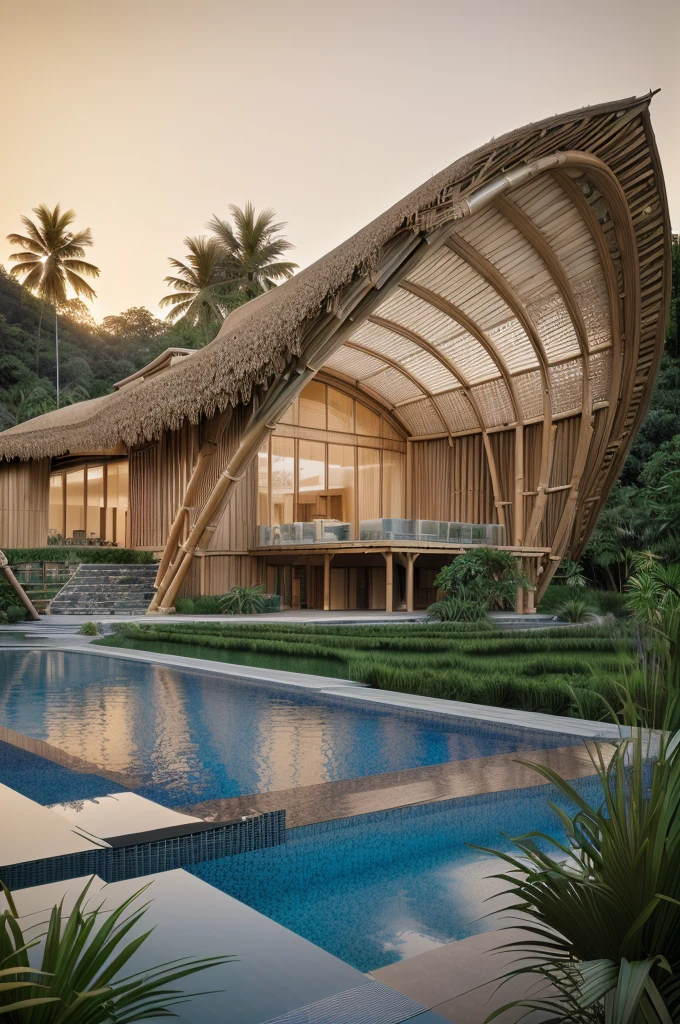 there is a large pool with a bamboo structure , sustainable architecture, thatched roof, along the river, architectural visualization, v-ray, v - ray, vincent callebaut, bali, bamboo huts, award-winning render, inspiring, in style of bamboo and rattan, architectural digest, archdaily, a digital rendering, v ray, rendered in corona, an award winning digital render
, trees, clear sky, sunset time, warm lighting, clear glass, interior lighting, soft light effects, morning mist, serene mood,
RAW Photo, RAW texture, Super Realistic, 32K UHD, DSLR, soft lighting, high quality, film rating, Fujifilm XT3 