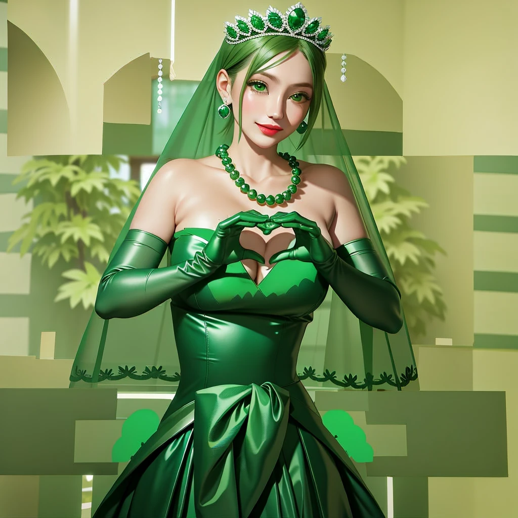 Emerald tiara, Green Pearl Necklace, ボーイッシュな非常に短いGreen Hair, Green Lips, Smiling Japanese woman, Very short hair, Busty beautiful lady, Green Eyes, Green satin long gloves, Green Eyes, Emerald Earrings, Green veil, Heart with both hands, Green Hair, Beautiful Japanese Woman, Heart shaped hands:1.3, green lip gloss