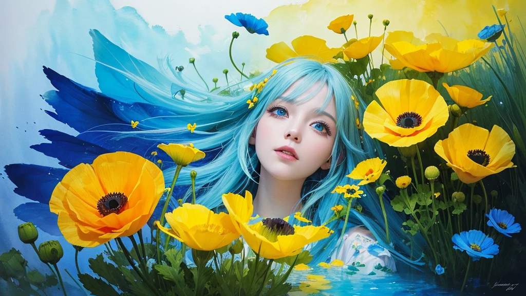 32k, Masterpiece, Highest quality, One girl, Detailed eyes, flower,Iceland Poppy, Blue and yellow style,A dreamy, romantic piece,Pale yellow, Mysterious Leaves,A playful arrangement,Fantasy,High Contrast,Ink strokes,explosion,Exposure, Impression of blue and yellow tones,Abstract,((Watercolours by John Berkey and Jeremy Mann )) Brush strokes,Negative Space, Tyndall effect,