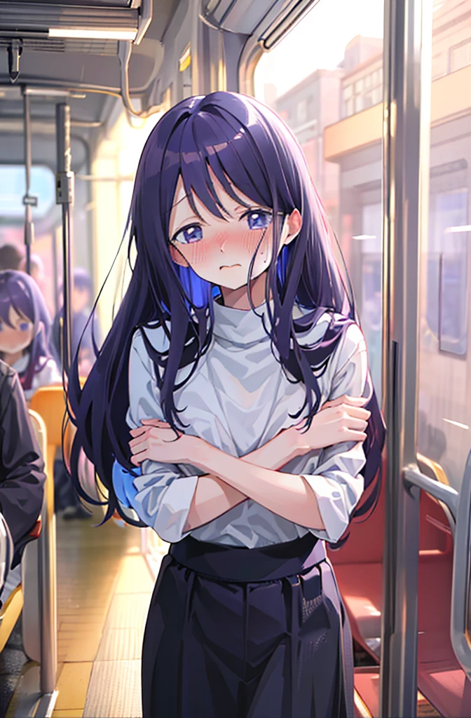 手でHide、Hide、Blushing、Embarrassed expression、Japanese 、Not wearing a bra、Light purple hair、Semi-long hair、Pale purple eyes、、Blushing、lipstick、Perfect hands、Detailed hands、on the train、、hand bra