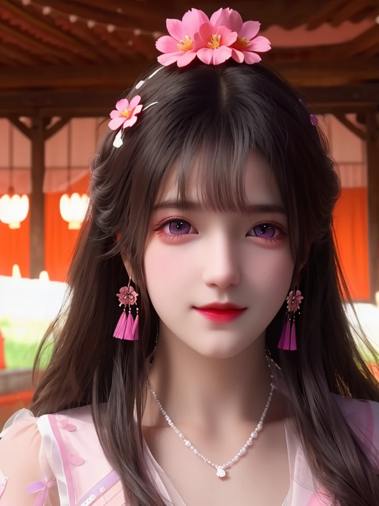 best quality, masterpiece, High target, There is a girl with a basket of flowers on her head, beautiful clothes, Hair Decorationss, necklace, Decorations, Pretty Face, When the body, Tyndall effect, Realistic Portraits, Edge lighting, Two-color light, (Very delicate skin:1.2), 8K uhd, Digital SLR Camera, Soft Light, high quality, Volumetric Lighting, Honest, photo, high resolution, 4K, 8K, Bokeh, Orange hair，purple hair ends, Pink Eyes.