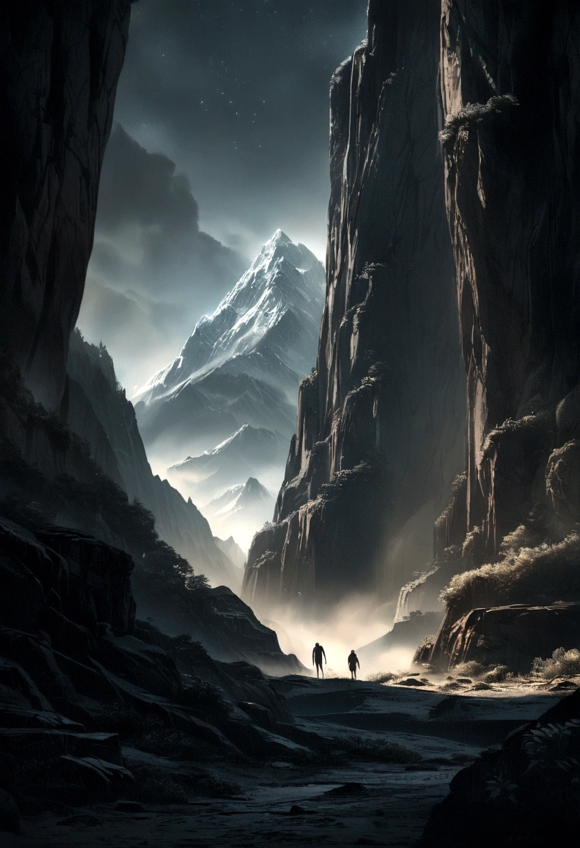 a spectacular mountain landscape in heaven, night sky full of shining stars, silhouettes of spider-men climbing on the side trees, extremely detailed, cinematic composition, dramatic lighting, moody atmosphere, muted color palette, vibrant colors, volumetric lighting, intricate details, photorealistic, award winning digital art