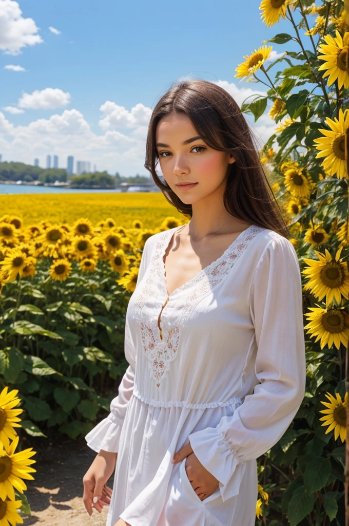 Show her with a background of flowers and a warm, sunny day.