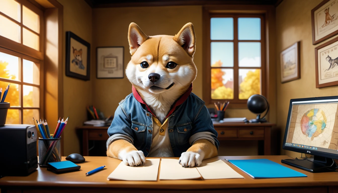 (photo film style), anthropomorphic, cute little Shiba Inu, , in his room, studying, 2D, colorful, warm atmosphere, shiny, Jean-Baptiste Monge style, Alan Lee style