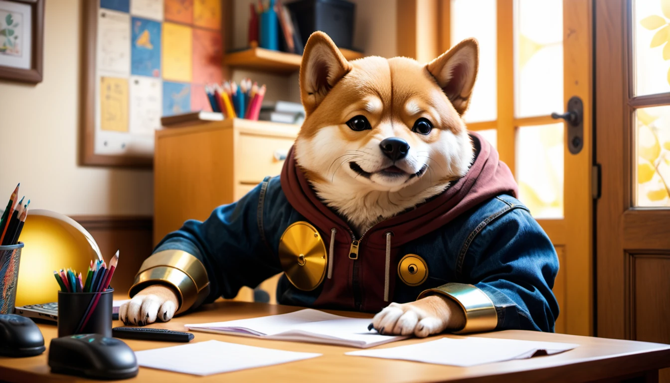 (photo film style), anthropomorphic, cute little Shiba Inu, , in his room, studying, 2D, colorful, warm atmosphere, shiny, Jean-Baptiste Monge style, Alan Lee style