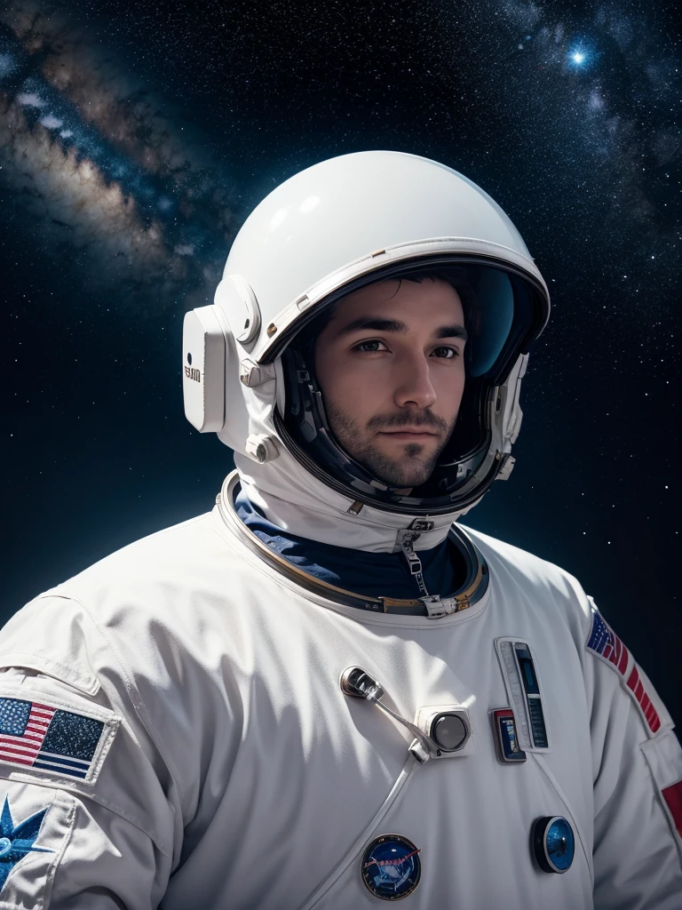 30 year old man wearing an astronaut suit Floating outside the world, bright image, background with various stars.