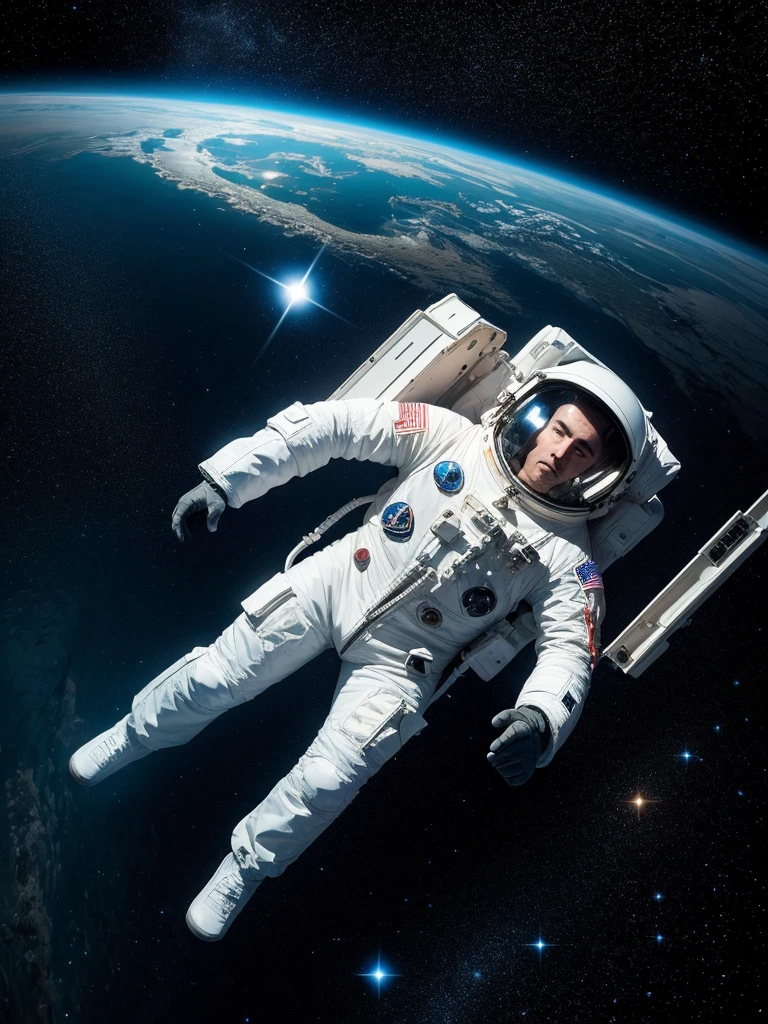 30 year old man wearing an astronaut suit Floating outside the world, bright image, background with various stars.