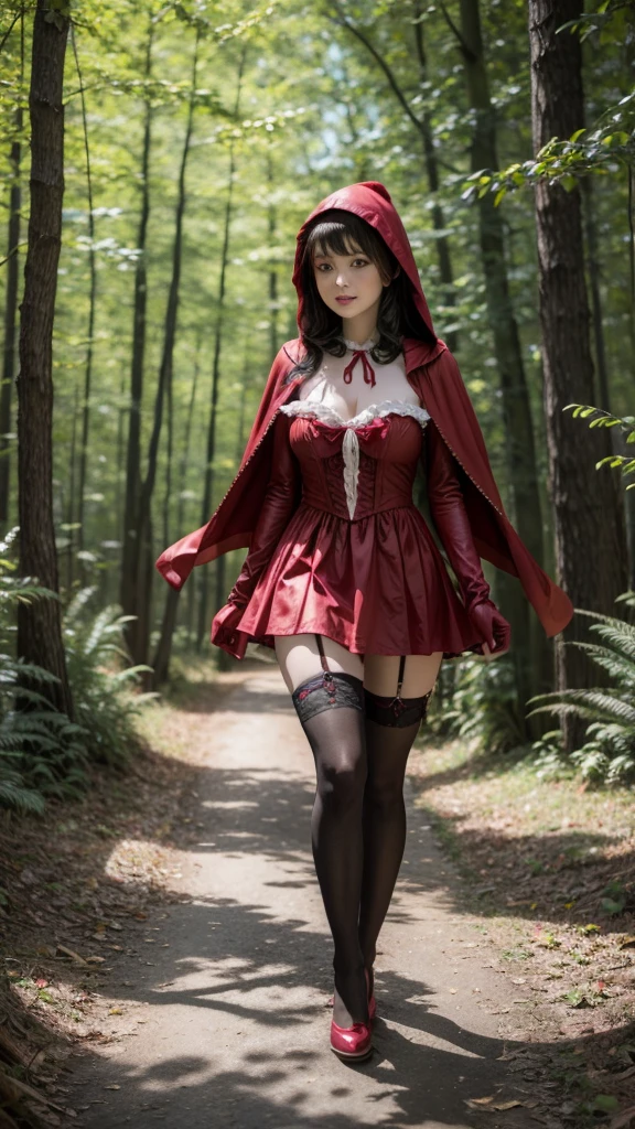 Red Riding Hood with her dress and sexy stockings walking through the forest