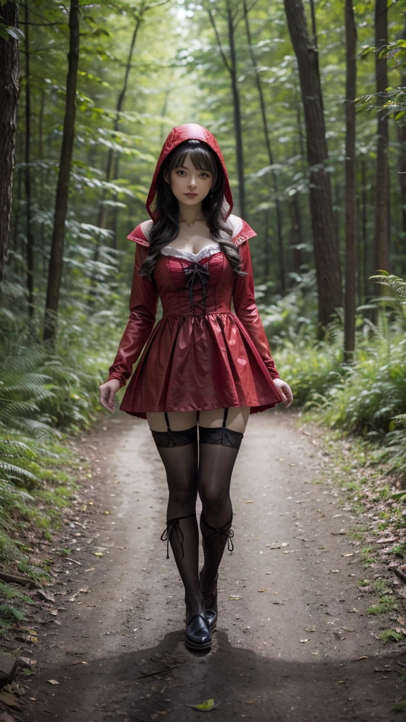 Red Riding Hood with her dress and sexy stockings walking through the forest